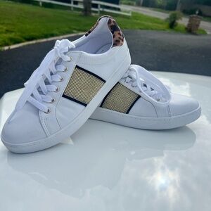 Nine West White Sneakers with Gold and Leopard Detail